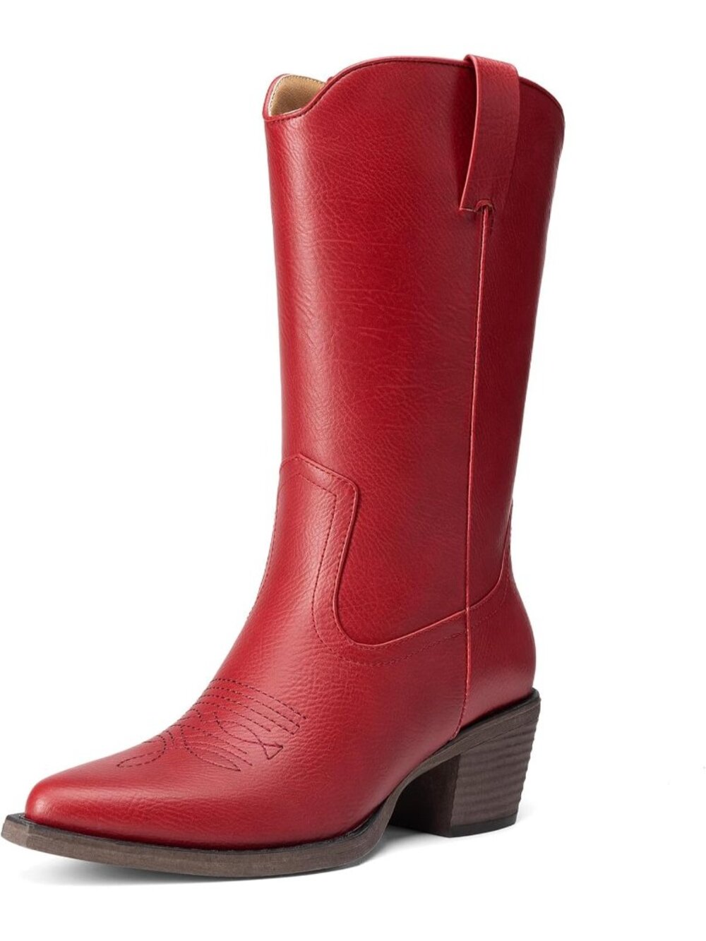 Women's Red Faux Leather Narrow Square Toe Mid Calf Western Cowgirl Boots